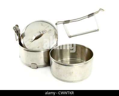 Silber Metall Tiffin Separate, Food Container auf weißem Hintergrund Stockfoto