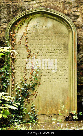 Alten Grabstein mit Efeu, die auf ihm wachsen Stockfoto