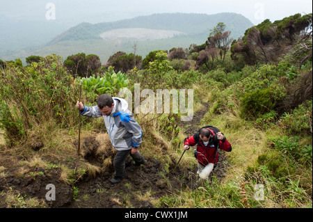 Wanderer Klettern Nyiragongo Vulkan und Aussicht über den Krater, der im Jahr 2002, Virunga-Nationalpark, DR Congo ausgebrochen Stockfoto