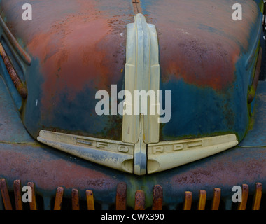 Foto von der Frontgrill eines antiken verrostet blauen Ford Pickup-Truck. Stockfoto