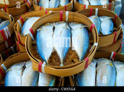 Frischer Fisch in Runde Körbe auf Bangkok Thailand Open-Air Flohmarkt Tisch zum Verkauf bereit. Stockfoto