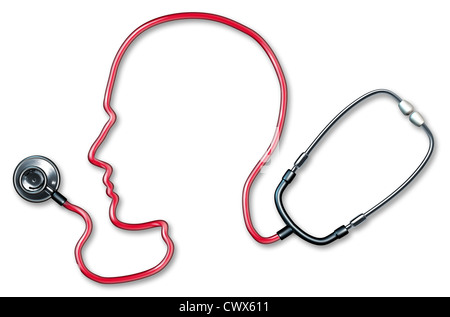 Psychische Gesundheit mit einer roten Schnur Stethoskop in Form von einem menschlichen Kopf und Gehirn in eine Klinik für eine geistige ärztliche Untersuchung von Ärzten auf einem weißen Hintergrund, stellvertretend für das Konzept der guten neurologischen Geist Gesundheit und Alzheimer Depression Medizin verwendet. Stockfoto