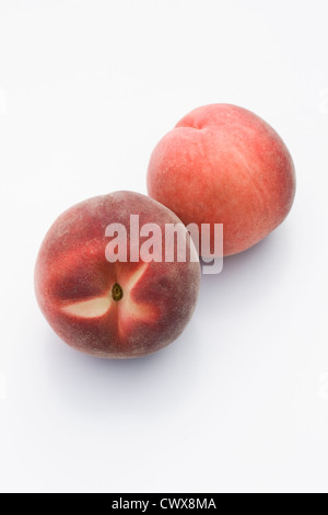 Prunus Persica. Weißes Fleisch Pfirsiche auf einem weißen Hintergrund. Stockfoto