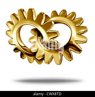 Golden Business-Partnerschaft-Konzept mit zwei gold Metallzahnräder oder Zahnräder als Symbol für strategische corporate Fusion und Unternehmen Teamarbeit miteinander verbunden. Stockfoto