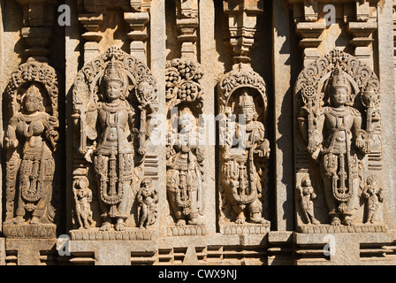 Elk201-2249 Indien, Karnataka, Somnathpur, Hoysala Keshav Tempel, Schnitzereien Stockfoto