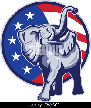 Illustration des republikanischen Elefanten Maskottchen mit amerikanischen USA Sterne und Streifen Fahne Kreis getan im retro-Stil. Stockfoto