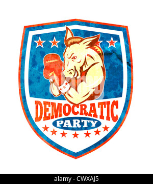 Beispiel für ein Demokrat Esel Maskottchen der demokratischen grand alte Partei Gop Boxer Boxen mit Handschuhen im Inneren Schild Stockfoto