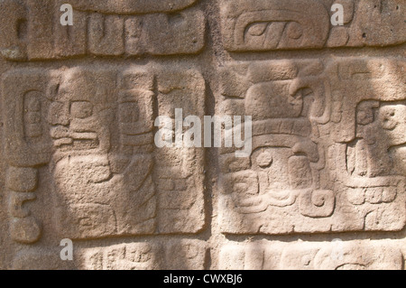 Stelen Stele petroglyph Tablette im Archäologischen Park Quirigua, Weltkulturerbe der UNESCO, Guatemala, Mittelamerika. Stockfoto