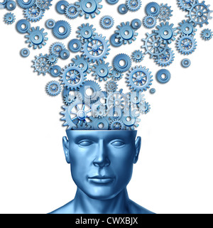 Kreative Menschen und das intelligente Gehirn mit einer menschlichen Kopf, die Getriebe und Zahnräder, die sich aus der Personen-Kopf als Symbol der künstlerischen Designinnovation und neues Denken in der Unternehmensführung zu äußern hat von vorne. Stockfoto
