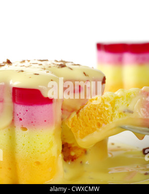 Peruanische bunte kleinen Kuchen namens Torta Helada in der Form einer Blume mit Vanille Pudding und Schokolade rasieren Stockfoto