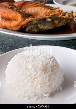Gedämpfter Reis und gebratenen Snapper im Thai Seafood Restaurant. Geringe Schärfentiefe mit dem Reis im Fokus. Stockfoto
