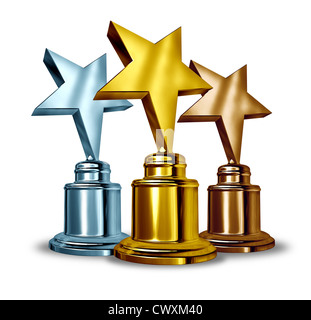 Gold Silber und Bronze star Trophäen und Trophy Award als beste drei Sieger in einem Wettbewerb als Symbol für Leistung. Stockfoto