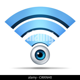 Drahtloses Netzwerk Sicherheitssymbol mit einem menschlichen Auge beobachten, wie Schutz der globalen Kommunikation mobile Technologie mit einer drei dimensionalen blaues Symbol des internationalen Rundfunks Netzwerk Daten von Cloud-computing-System auf weiß. Stockfoto