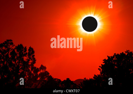 Zusammengesetzte Ansicht der ringförmigen Sonnenfinsternis von U.S. Highway 89, Süd-Utah. Stockfoto