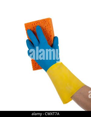 Blau und gelb Kautschuk behandschuhten Hand hält einen orangenen Schwamm auf weißem Hintergrund Stockfoto