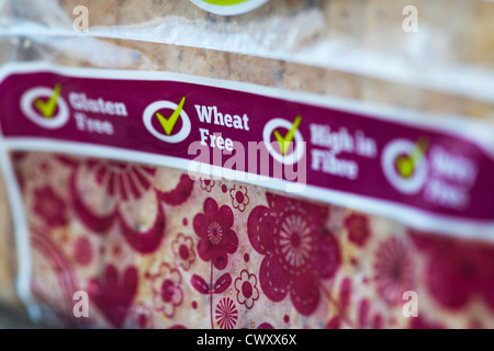 Weizen frei, Gluten frei, Milchprodukte Brot Paket Kennzeichnung Stockfoto