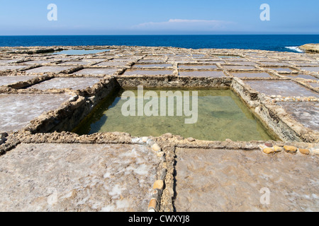 Salinen in der Nähe von Qbajjar auf der Straße Marsalforn, Insel Gozo, Mittelmeer. Stockfoto