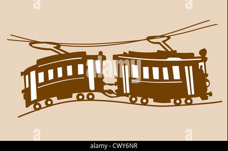 Straßenbahn-Silhouette auf gelbem Hintergrund, Vektor-illustration Stockfoto