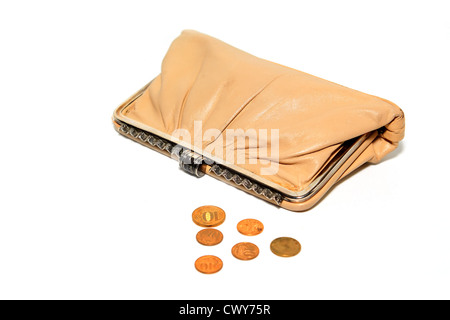 Geldbörse mit Münze auf weißem Hintergrund Stockfoto