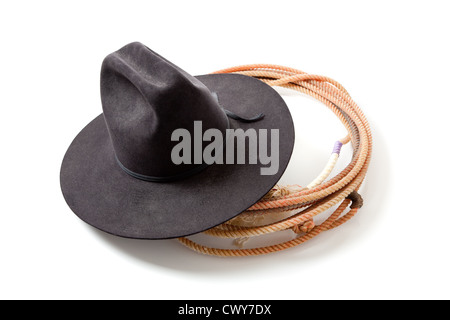 Ein Lasso oder Lasso Seil und einem Cowboy-Hut auf weißem Hintergrund Stockfoto