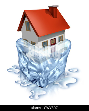 Immobilien-Erholung-Symbol mit einem Haus in schmelzendem Eis als eine Gehäuse-Konzept zur Verbesserung der Käufer und Verkäufer Hauswirtschaft mit d Stockfoto