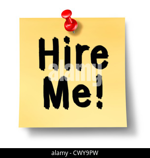 Job-Suche und auf der Suche nach Arbeit und die Suche nach einen Gehaltsscheck mit einem gelben Abwesenheitsnotiz und einen roten Daumen mit dem Text Verleih mich als tack ein Stockfoto