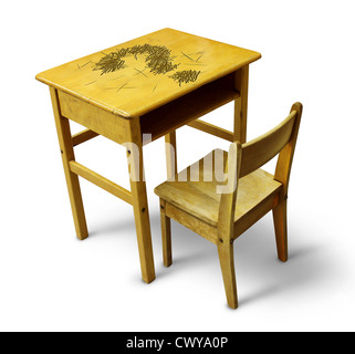 Bildung-Fragen und Antworten zu lernen mit der Kinder-Holz-Schulbank mit einem Fragezeichen-Symbol in die Tischplatte auf einem weißen Hintergrund gehauen. Stockfoto