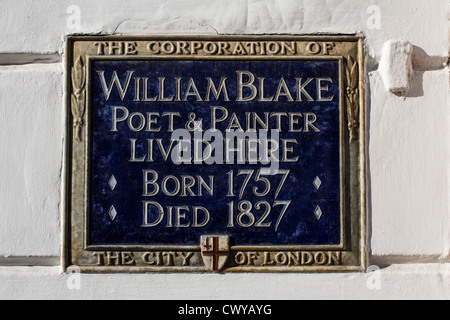 Historische Plakette markiert Wohnsitz von William Blake am South Molton Street, Mayfair, London (er lebte dort von 1803-1821) Stockfoto