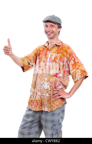 Porträt des Lächelns lustig Mann Daumen oben, isoliert auf weißem Hintergrund. Stockfoto