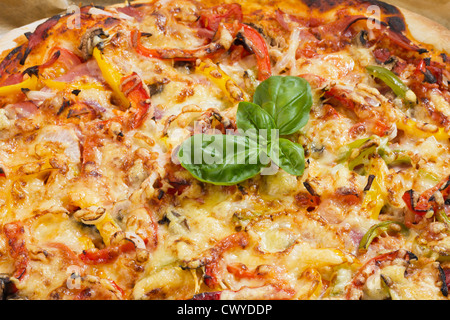 Frisch gebackene Pizza mit Tomaten, Basilikum, Käse und Gemüse, close-up als in voller Größe Detail für italienisches Essen als Hintergrundbild Stockfoto