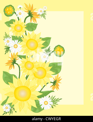 zur Veranschaulichung der schönen gelben Sonnenblumen mit Knospen und Blätter und Kamille auf Zitrone Hintergrund Stockfoto