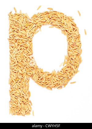 p, Alphabet, Schreiben von Paddy-Reis auf weiß Stockfoto