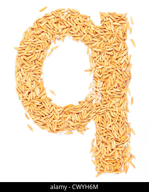 Q, Alphabet, Schreiben von Paddy-Reis auf weiß Stockfoto