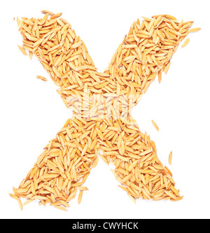 X, Alphabet, Schreiben von Paddy-Reis auf weiß Stockfoto