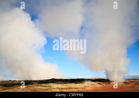 Dampf-Geysire im Bereich Hochtemperatur-Gunnuhver auf der Halbinsel Reykjanes, Island Stockfoto