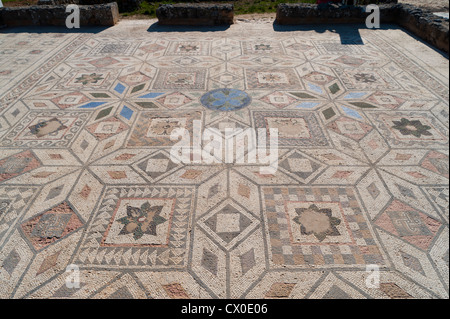 Mosaik, archäologische Seite von Clunia Sulpicia, Burgos, Castilla y Leon, Spanien, Europa. Stockfoto