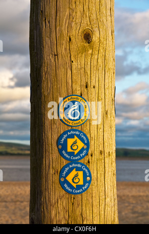 Wegpunkt Zeichen für Wales Coast Path auf Aberdyfi (Aberdovey) Strand (im Abendlicht) Dyfi Mündung, Gwynedd, North Wales, UK Stockfoto