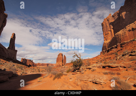 Sandstein-Denkmäler entlang der Park Avenue im Arches National Park in der Nähe von Moab, Utah Stockfoto