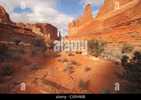 Sandstein-Denkmäler entlang der Park Avenue im Arches National Park in der Nähe von Moab, Utah Stockfoto