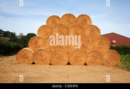 Ein Stapel von Rundballen Stroh auf einem Bauernhof am Hickling, Norfolk, England, Vereinigtes Königreich. Stockfoto