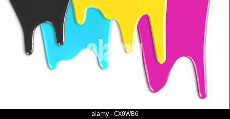 CMYK Cyan Magenta gelb schwarz Tinten tropfenden isoliert auf weiss Stockfoto