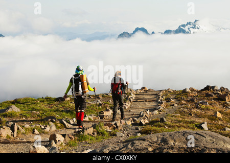 Kletterer / Wanderer steigen die Skyline Trail auf dem Mount Rainier in Washington, USA. Stockfoto