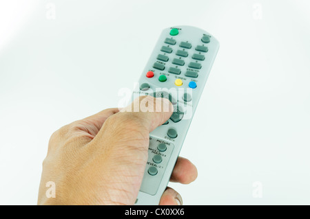 Hand, die Fernbedienung auf weißem Hintergrund isolieren Stockfoto