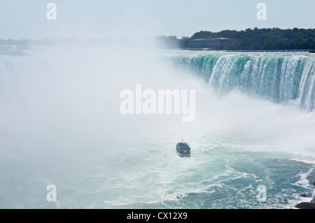 Mädchen des Nebels eine kanadische Flagge am Horseshoe Ende der Niagarafälle voller Touristen, gekleidet in blaue Ponchos. Stockfoto