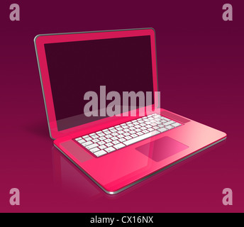 3D Rosa Laptop isoliert auf einem lila Hintergrund mit zwei Beschneidungspfad (Bildschirm und globaler Ebene) Stockfoto