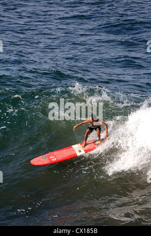 Lokalen Surfer Surfen die Punkt-Pause-Welle auf einem Longboard bei Batu Karas in West-Java. Stockfoto