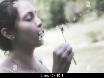 USA, Maine, Camden, junge Frau bläst Löwenzahnsamen Stockfoto
