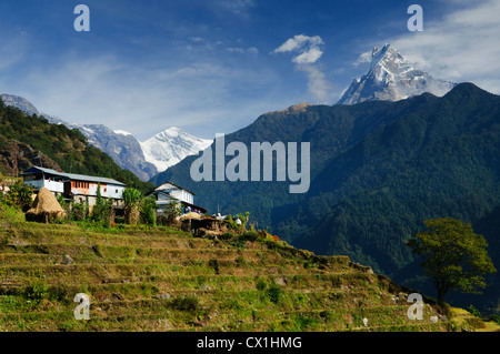 traditionelles Dorf mit Machapuchare Peak im Hintergrund in der Annapurna-Region von Nepal Stockfoto