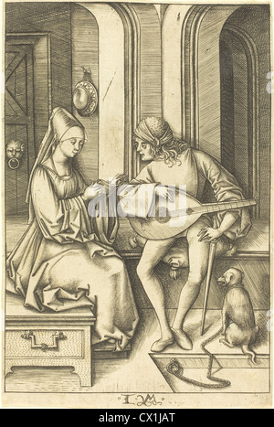 Israhel van Meckenem (Deutsch, ca. 1445-1503), der Lautenist und Sänger, c. 1495/1503, Gravur Stockfoto