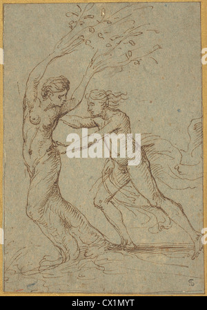 Giulio Romano (Italienisch, 1499-1546), Apollo und Daphne, Feder und braune Tinte auf Bütten blau-grau Stockfoto